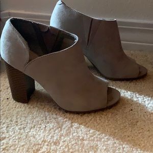 Gray suede open toe booties